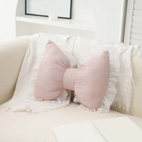 White and Pink Bow Shaped Decorative Pillow with Ruffled Edge for Sofa Bed and Car Backrest Support