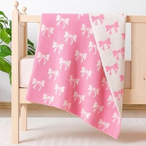 Pink Bow Baby Throw Blanket Cute Dual Side Microfiber Newborn Girl Swaddle Blanket 30 x 40 Inch Coquette Plush Preppy Nursery for Bed Sofa Receiving Newborn Baby Girl Boy Toddler Gift
