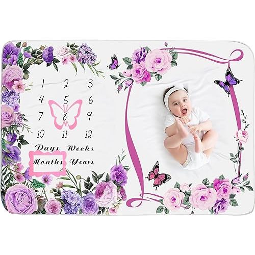 Chumia Baby Monthly Milestone Blanket for Baby Girl 59"x39" Floral Photo Prop Age Milestone Blanket with 2 Felt Floral Wreath Frame(Purple,Flower)