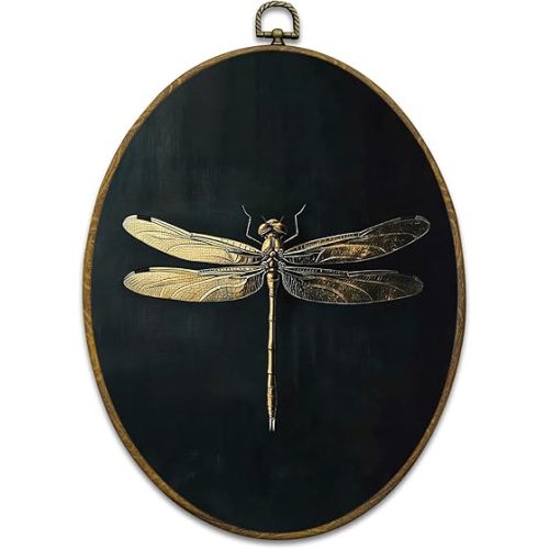 Mcehtle Moody Dragonfly Wall Art Decor, Vintage Dark Academia Insect Oval Framed Canvas Prints 8.6x11.4, Cottagecore Minimalist Round Wall Hanging Artwork Decorations for Gallery Bedroom Living Room