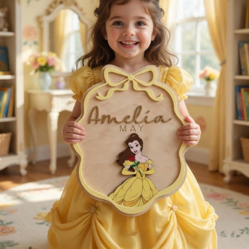 Personalized Belle Name Sign, Beauty and the Beast Nursery Decor, Custom Wooden Princess Name Plaque, Baby Shower Keepsake, Disney Gift