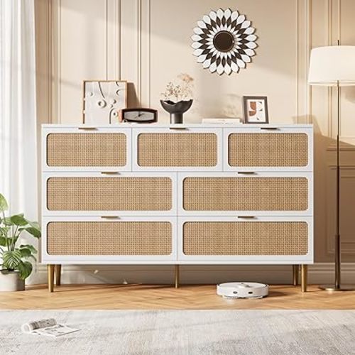 GarveeHome Rattan 7 Drawer Dressers for Bedroom, Tall Dresser with Deep Drawers, Large Chest of Drawers for Closet with Wide Top, Long Wooden Dresser for Living Room, Hallway, Kids Room, White