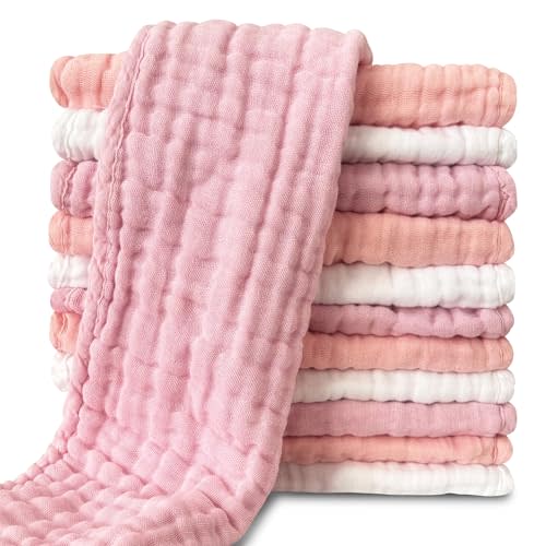 Muslin Burp Cloths for Baby 100% Cotton Burping Cloths for Unisex, Boy, Girl - Large 20'' by 10'' Newborn Essentials Ultra Soft Absorbent Milk Spit Up Rags - 12 Pack - White+Light Sakura Series