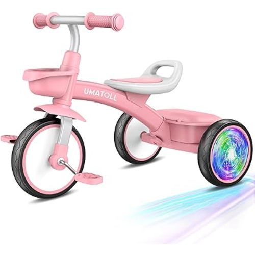 Umatoll Toddler Tricycle for 18 Month to 4 Year Old Girls,Toddler Bike Toys with Adjustable Seat&Light-Up Wheels,Birthday Gift for Age 2-3 (Pink)