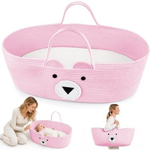 Baby Changing Basket with Diaper Changing Pad – Waterproof Wipeable Changing Pad | Portable Cotton Rope Baby Changing Table Basket for Dresser Travel | Gift for Baby Shower (Pink)