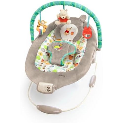 Bright Starts Disney Baby Winnie the Pooh Baby Bouncer Soothing Vibrations Deluxe Infant Seat - Faux Suede, Music, Removable -Toy Bar, 0-6 Months 6-20 lbs (Dots & Hunny Pots)