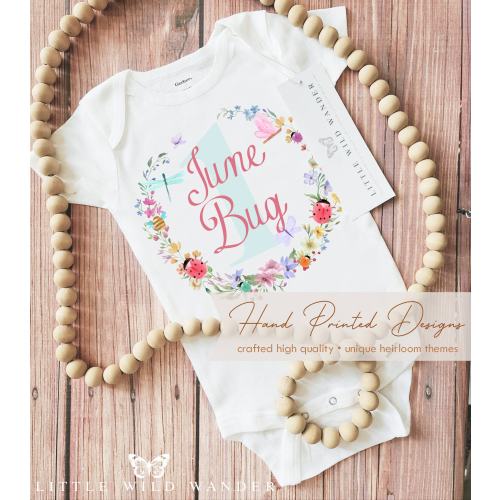 Ladybug Personalized Baby Onesie ®, June Bug Girls Shirt, Name Newborn Outfit, Custom Bugs Monogram Clothing, Floral Birthday Party Tee