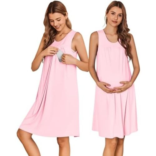 Ekouaer Maternity Nursing Dress Nightgown Labor and Delivery Gown Sleeveless Pregnancy Breastfeeding Dresses