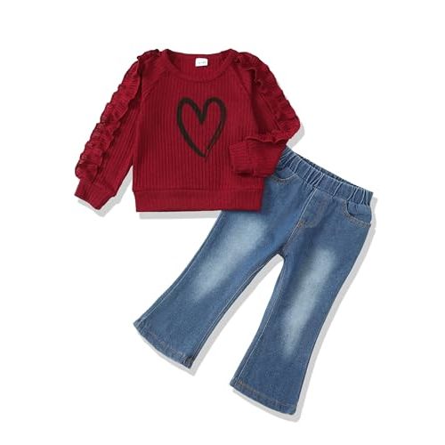 SODLON Baby Toddler Girl Clothes Sweatshirt Jeans Fall Winter Outfit 12M-5T | Little Girls Clothing, Long Sleeve Ruffle Pullover Flare Denim Pants, Cute Kids Outfits for School, Holiday, Photos and Gifts