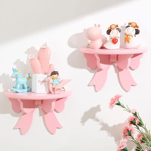 Pinkunn 2 Pcs Bow Floating Shelves Kawaii Shelf Book Stand, Pink | Farmhouse Rustic, Corner Wall Shelf, Wooden Bow Tie Rack, Princess Room Decor, for Nursery, Home Bedroom Office Wall Decor