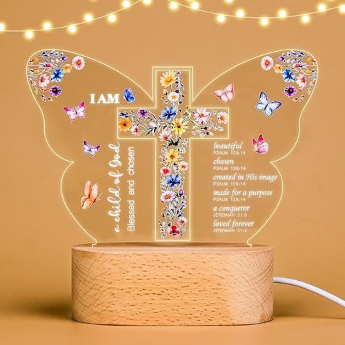 Baptism Gift for Girls Boys,Baby Shower Gifts,Butterfly Cross Night Light Gift for Baptism, Goddaughter, Godson, First Communion, Confirmation, Easter, Christmas | Christian Nursery Decor Gift