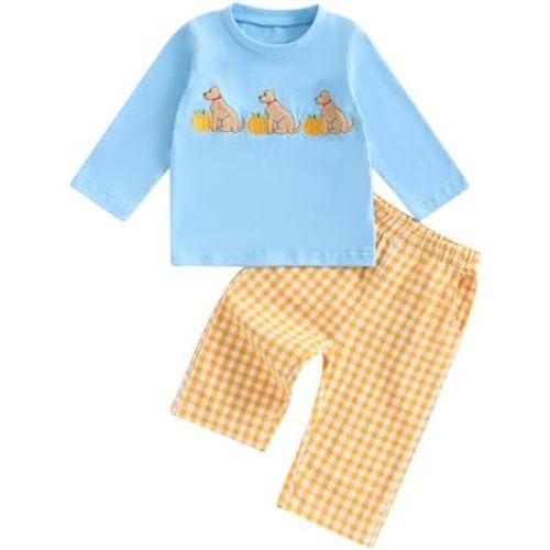 Toddler Baby Boy Halloween Ghost Pumpkin Outfit Long Sleeve Embroidery Tshirt Gingham Pants 2 Piece Smocked Clothes