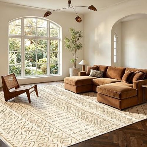 AMADA HOMEFURNISHING 6x9 Washable Area Rugs, Beige Boho Geometric Low-Pile Rug with Non-Slip Backing, Stain Resistance & Durable Edge Binding, Soft Indoor Carpet for Living Room, Bedroom, Dining Room