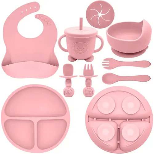 Silicone Baby Feeding Set | Baby Led Weaning Supplies Includes Suction Bowls and Divided Plates, Adjustable Bib, Baby Utensils Spoons and Forks,Cup | Baby Feeding Essentials (Pink)