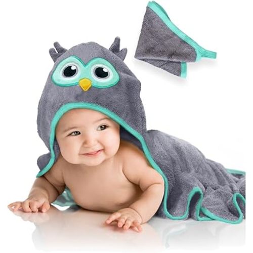 Baby Bath Hooded Towel - Owl Face & Ears - Cozy & Warm - Ultra Soft & Absorbent - Baby Bath - Babies - Toddler - Newborn - Pets - Free Washcloth - 35" x 35" (Gray)