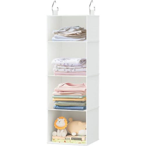 Hanging Closet Organizer with Bamboo Shelves - Foldable Closet Storage for Baby Clothes, Towels, Scarves,Space Saving Shelves Organizer (White)