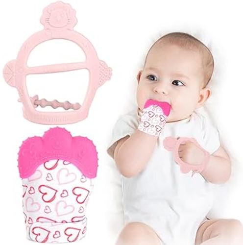 Vicloon Silicone Teething Mitt, 2Pcs Teething Mitten with Adjustable Strap, Crinkle Sound and Textured, Self Soothing Baby Chew Toys for 0-6month Infant