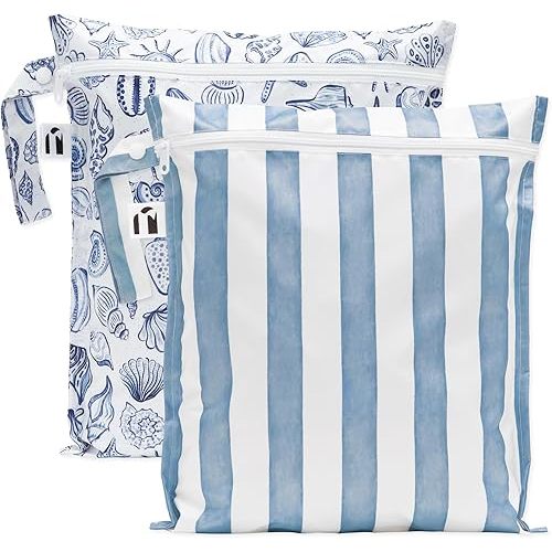 Bumkins Roamio - Waterproof Wet Bag - For Baby, Travel, Swim Suit, Cloth Diapers, Pump Parts, Pool, Gym, Toiletry, Strap to Stroller - Reusable & Easy to Clean - 2pk - Blue Stripes & Shells