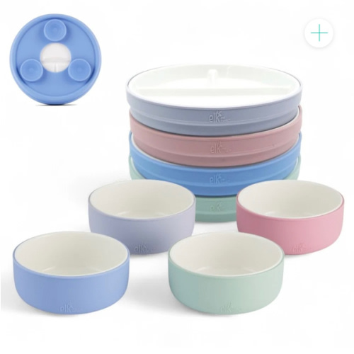 Kids Porcelain Mealtime Bundle | Suction Sleeves | 6.7" Plates + Bowls | 8 Pcs | Blush/Lilac/Sage/Misty Blue
