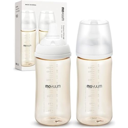 Moyuum PPSU Baby Bottle | Premium Anti-Colic Wide Neck Feeding Bottle, Microplastic & BPA Free, Natural Fit Breastfeeding Nipple, Slim, Lightweight, Easy to Clean, Made in Korea - 9oz (2 Pack, Basic)