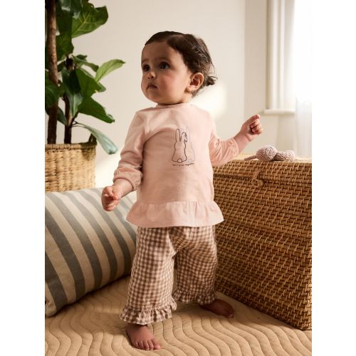 Pink/ Neutral Gingham Baby Long Sleeve Peplum Top and Trousers Set 2 Piece (0mths-2yrs)