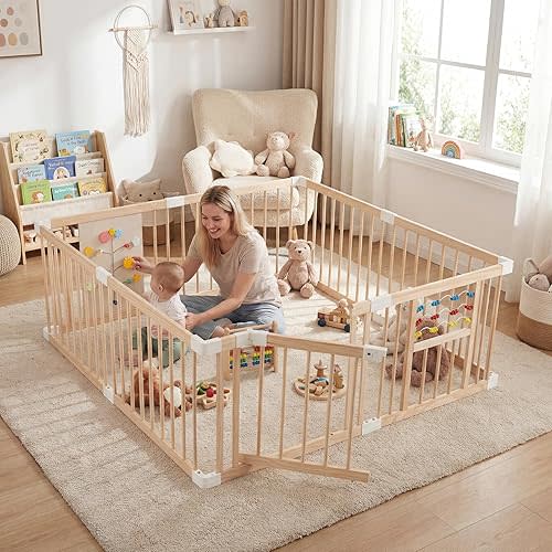 Costzon Wooden Baby Playpen for Babies, 63" x 63" Adjustable Multi-Shape 8 Panels Large Play Yard for Infants and Toddlers, Foldable Indoor Fence Activity Center
