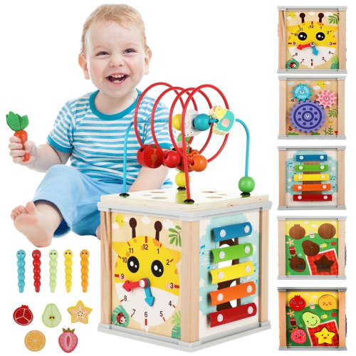 UQN, Wooden Activity Cube, 10-in-1 Montessori Toys, Multicolor