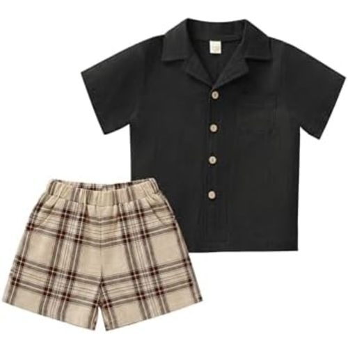 XMWEALTHY Toddler Baby Boy Summer Clothes Color Block Short Sleeve Button-down Shirt Tops + Cotton Pants Outfit Set