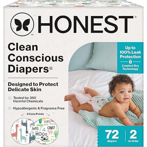 The Honest Company Comfort Dry Disposable Diapers for Sensitive Skin, Hypoallergenic, Fragrance-Free, Multi-Colored Giraffes + Barnyard Babies, Club Box, Size 2 (12-18 lbs), 72 Count