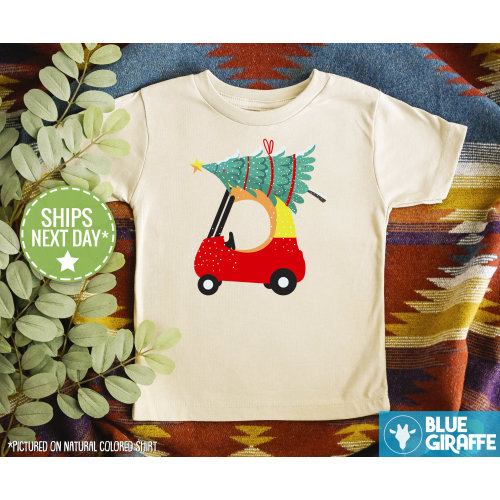 Red Car Christmas Kids Shirt, Cute Christmas Toddler Top, Christmas Tree Kids Baseball Shirt
