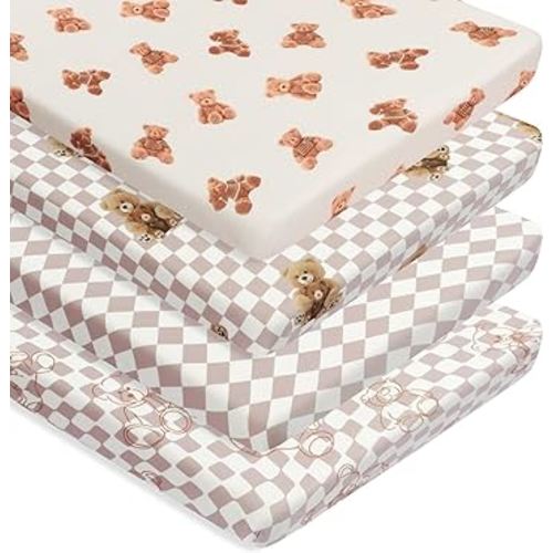 Fitted Baby Neutral Pack N Play Sheets Mini Crib Sheets Bear and Buffalo Check Plaid Breathable Unisex Baby Sheet Set for Boys or Girls