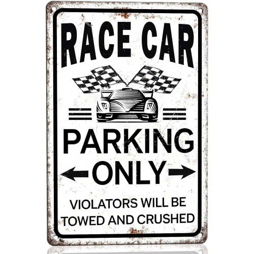 Race Car Parking Only Sign, Vintage Race Car Room Decor for Boys, Toddler Bedroom Decor, Garage Signs for Men, Racing Themed Nursery Wall Decorations 8x12 inches Metal Sign