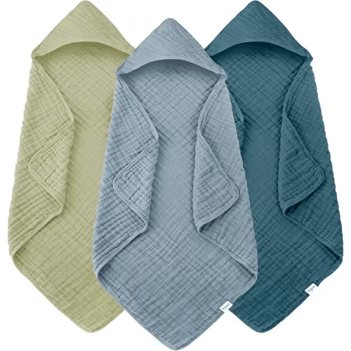 Muslin Hooded Baby Bath Towels - 3 Pack 100% Cotton Ultra-Soft Towels for Newborns, Infants, Toddlers - 32x32 Inch - Highly Absorbent, Quick-Dry Essentials for Bath, Beach, Pool, Green Blue Series