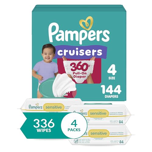 Pampers Pull On Cruisers 360° Fit Disposable Baby Diapers Size 4, One Month Supply (144 Count) with Sensitive Water Based Baby Wipes 6X Pop-Top Packs (336 Count)