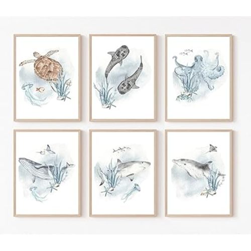 Wodkwq Nursery Wall Art Sea Animal Canvas Prints Baby Girl Boy Room Decor Watercolor Paintings Pictures Cute Ocean Theme Toddler Room Decoration Set of 6 for Kids Bedroom Bathroom 8x10in Unframed