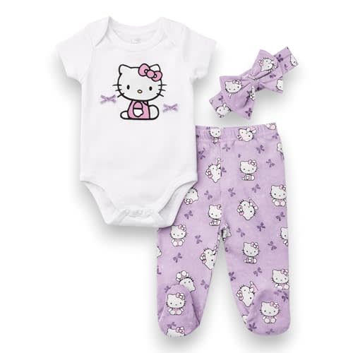 Hello Kitty Baby Girls 3-Piece Footie Set, Short Sleeve Onesie Bodysuit, Footed Pants