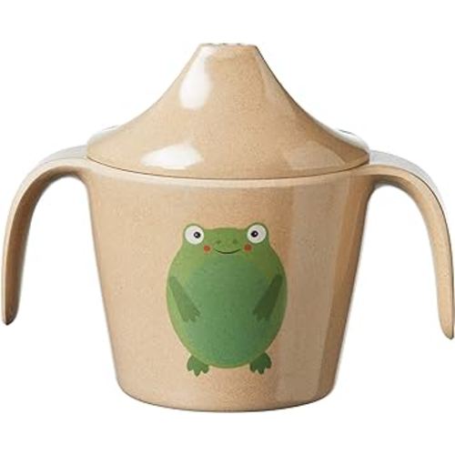Nuby Eco-Friendly Natural Rice Husk Bite Resistant Two-Handle Free Flow Training Cup: Frog Print, 4+ Months- Fully Compostable and Biodegrable