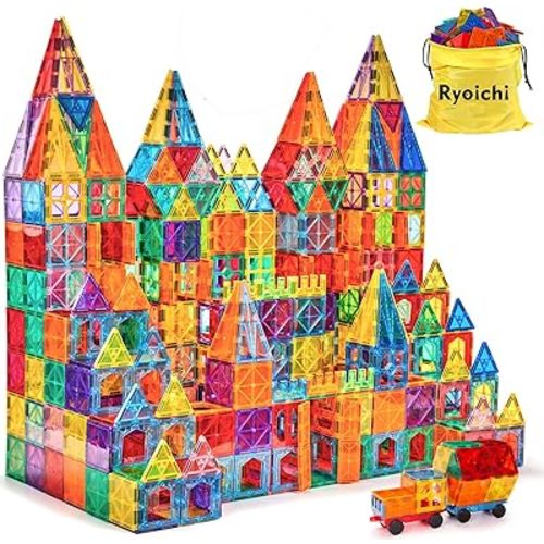 Ryoichi 138PCS Magnetic Building Tiles Set with 2 Cars, STEM Educational Construction Blocks & Montessori Learning Toys for Kids Ages 3-9+ Years