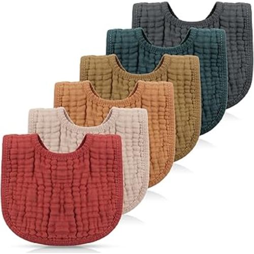 Frienda 6 Pcs Muslin Bibs Burp Cloths for Baby Teething Bandana Bibs 6 Absorbent Layer for Baby Boy Girl Cotton Burping Cloth(Classic Color)