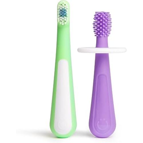 Ubbi Grow with Me Toothbrush Training Set for Babies and Toddlers, Includes One 360° Food-Grade Platinum Silicone and One Soft Bristled Toothbrush, Smoothie Purple and Zest Green