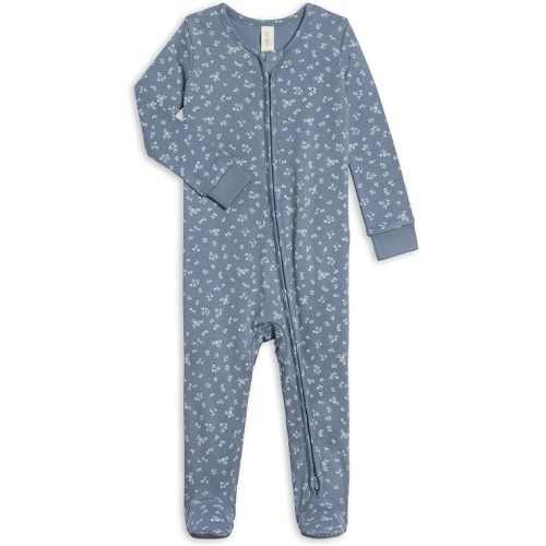 Colored Organics Baby Zip-Up Footed Sleeper with 2-Way Zipper - Newborn Organic Cotton Pajamas - Isla Floral/Sea + Ivory NB