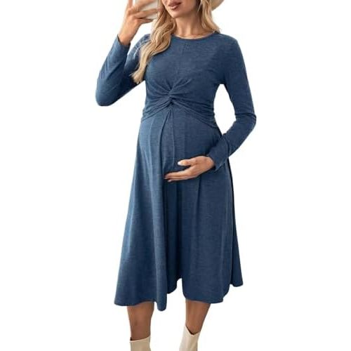 BLENCOT Maternity Nursing Midi Dress Twist Knot Pull Up Feed Postpartum