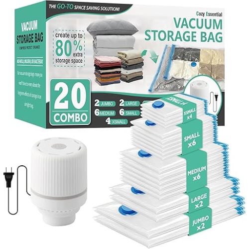 Cozy Essential 20 Pack Vacuum Storage Bags with Electric Pump, Vacuum Seal Space Saver Bags for Clothing, Pillows, Blanket, Bedding, Comforters
