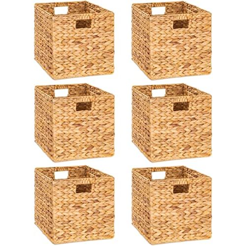 M4DECOR 10.5 x 10.5in Wicker Storage Baskets for Shelves, Water Hyacinth Storage Baskets, Woven Baskets for Storage, Wicker Storage Basket for Bedroom, Living Room (6 Packs 10.5x10.5in)