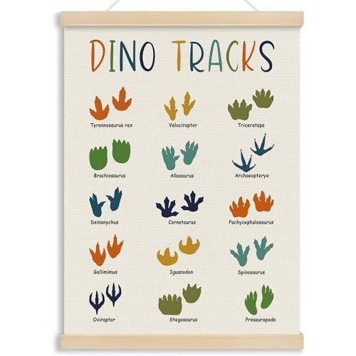 MOTERMATE Colorful Dino Tracks Poster Hanger Frame, Boho Dinosaur Footprints Wall Hanging Decor Art Framed for Kids Boys Room Nursery Playroom, Educational Dino Wall Poster Prints, 12x16 Inch