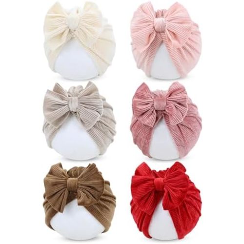Cinaci 6 Pack Nursery Hospital Caps Bonnets Beanies Headwraps Turban Hats with Bow for Baby Girls Newborns Infants Toddlers