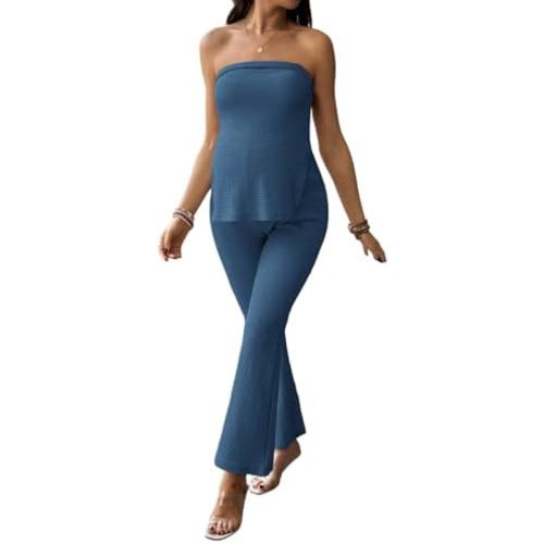 Milumia Women's Maternity 2 Piece Outfit Strapless Slit Hem Bandeau Top and Flared Leggings Pants Set