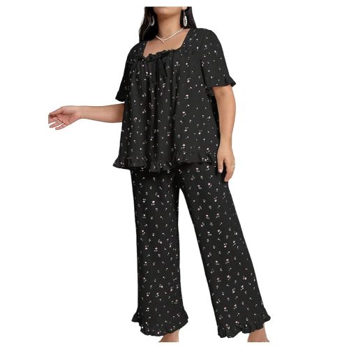OYOANGLE Women's Plus Size Pajama Set Floral Short Sleeve Sleepwear Ruffle Pants 2 Piece Pjs Lounge Set