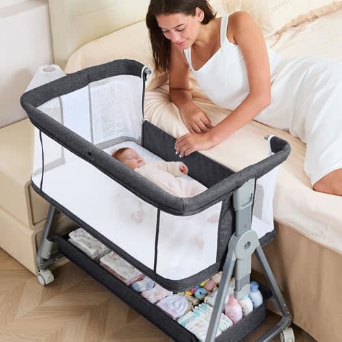 3-in-1 Baby Bassinet Bedside Sleeper with Wheels Bedside Bassinet for Newborn and Infant with Mattress and Storage Basket | Adjustable Height & Angle (13.5-18") | ASTM/CPSIA Certified (Black)