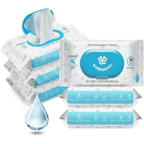 WONDERFUL Flushable Wipes, Unscented 100% Plant-Based Wet Butt Wipe for Adults & Kids, Sewer Septic Safe, Gentle for Sensitive Skin, Wipes Flushable Pack for Bathroom & Travel, 6-Pack (360 Counts)